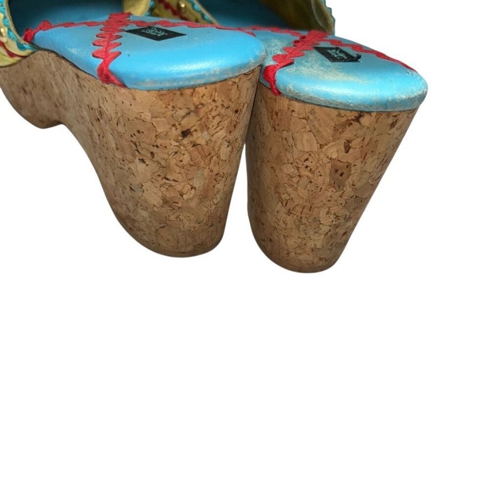 Vintage Yellow and Blue Mules with Cork Heel - Picture 4 of 6